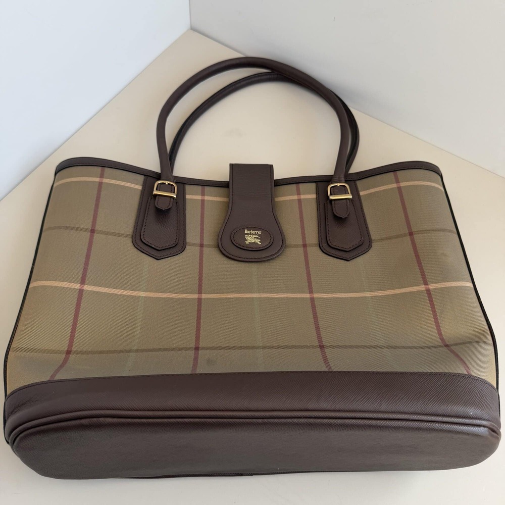 Burberrys Vintage Nova Check Canvas Shoulder Tote Bag – Brown Saffiano Leather T